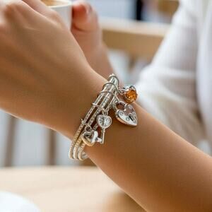 Y2K Silver Charm Bangle Bracelet Heart Lock Gems 3” NWT